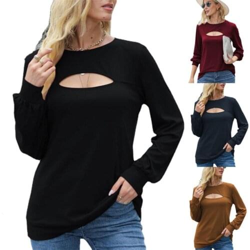 New Autumn Women Lantern Sleeve Loose Casual Fashion Hollow Sexy T-shirt Womens Clothing Long Sleeve Solid Tops Shirt