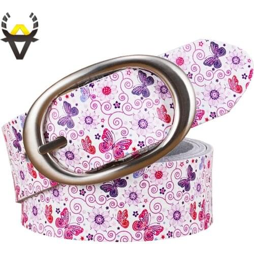 Fashion genuine leather belts for women Printing butterfly floral cow skin belt woman Quality Pin buckle female strap Width 3.5