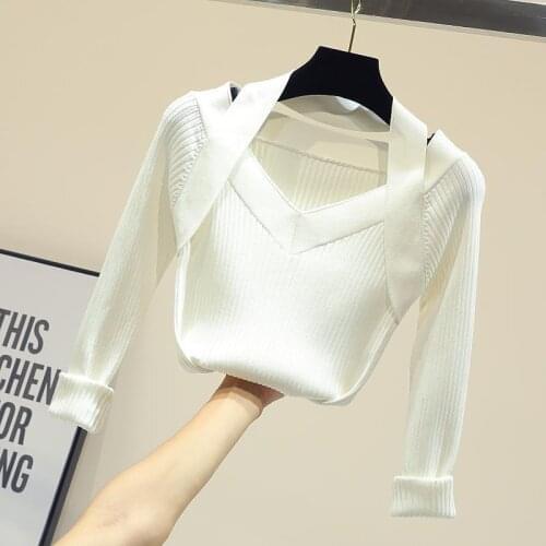 Womens Clothes New Korean Version Of Slim V-neck Halterneck Black Sweater Ladies Base Knitted Pullover Top Crop Spring Autumn