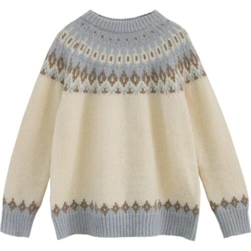 Harajuku Winter Fashion Vintage Women Geometric Print O-neck Pullover Long Sleeve Loose Knitted Oversize Sweater Female