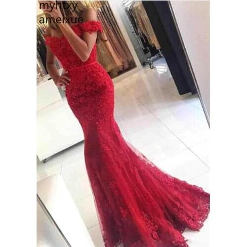Lace Appliques Beads Robe De Soiree Red Mermaid 2020 Formal Dress Plus Size Evening Gown Dresses For Women
