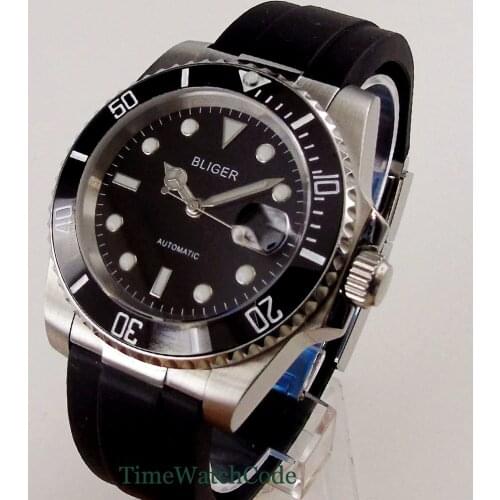 40mm Japan Miyota 8215 SUB Mens Automatic Watch Date Sapphire Glass Rubber Strap Black Dial Ceramic Bezel Insert Cyclops