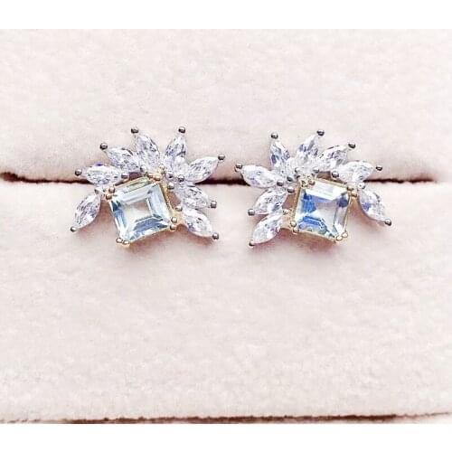 Natural real blue topaz leaves stud earring Per jewelry 0.8ct*2pcs gemstone 925 sterling silver Fine jewelry X218393