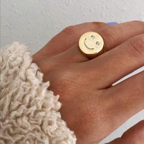 Hypoallergenic Cute Lovely Stainless Steel Gold Plated 3A Zircon Paved Smiley Rings For Women Gold Jewelry Smile Signet Ring
