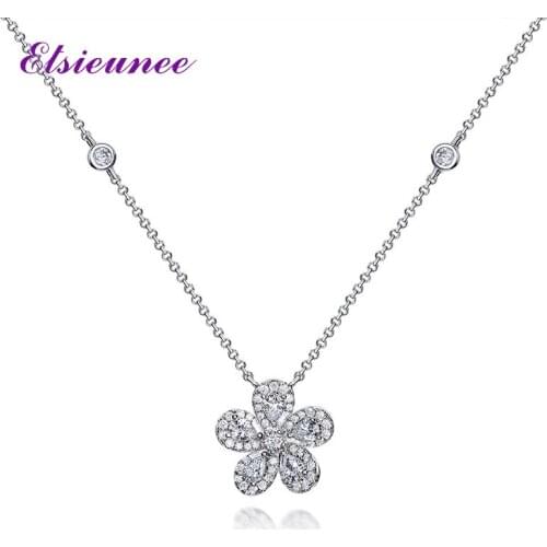 ELSIEUNEE 100% 925 Sterling Silver Flower Shape Simulated Moissanite Diamond Necklace for Women Girls Engagement Fine Jewelry