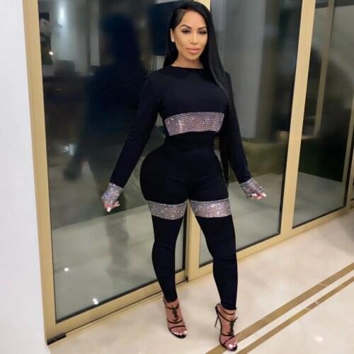 Two Piece Shorts Set Women Sexy Rhinestone Patchwork Tracksuit 2 Piece Outfits Sportswear Black Long Sleeve Top and Shorts Suits