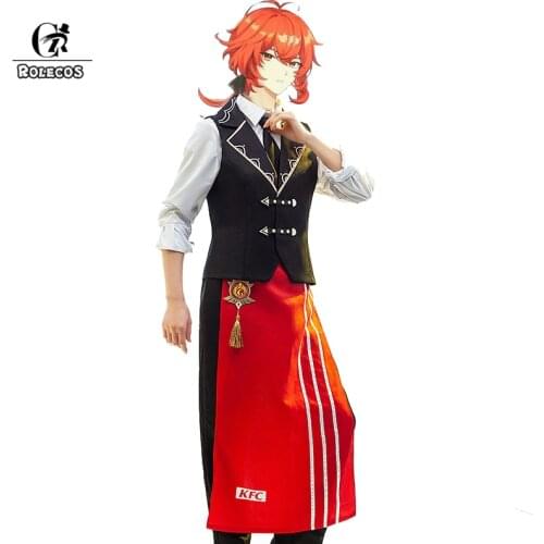 ROLECOS Game Genshin Impact Diluc Cosplay Costume KFC Diluc Cosplay Costume Men Waiter Uniform Costume Halloween Props Full Set