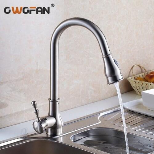 Kitchen Faucet Brass Brushed Nickel High Arch Sink Faucet Kitchen Pull Out Rotation Spray Mixer Tap Grifo Cocina OWO-9101