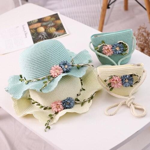 Summer Lace Bowknot Flower Sun Hat Female Baby Girls Sun Shade Beach Hat Straw Caps All-match 52cm