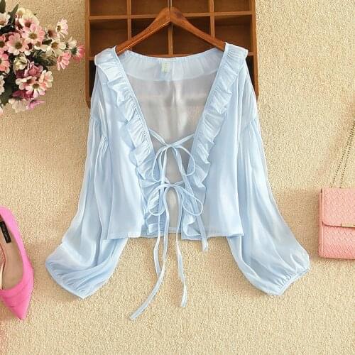 2021 Summer Chiffon Sunscreen Shirt Korean Fairy Sunscreen Womens Coat Thin Small Shawl Chiffon Cardigan with Straps 15861