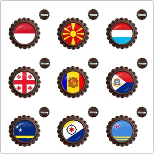MCO,Macedonian,Luxembourg,Georgia,Andorra,Eilandgebied Sint Maarten,Curacao,Bonaire,Aruba Nation Flag Glass Wood Brooches Pins