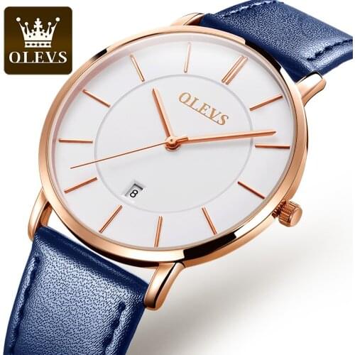 OLEVS New Best Selling Mens Watches Blue Leather Waterproof Sport Ultra Thin 6.5mm Quartz Watch For Men Relogio Masculino 5869