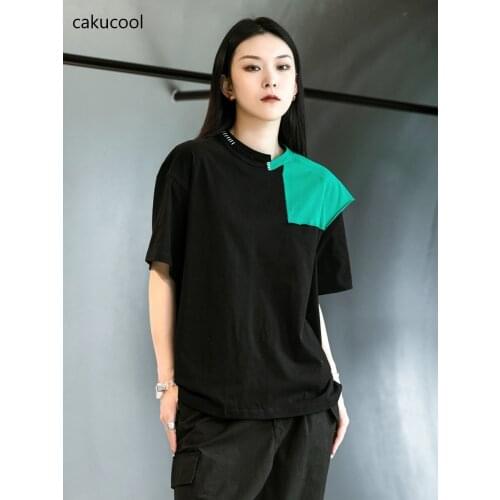 Cakucool new womens color matching bright line design of large size loose version of the T-shirt with comfortable cotton short