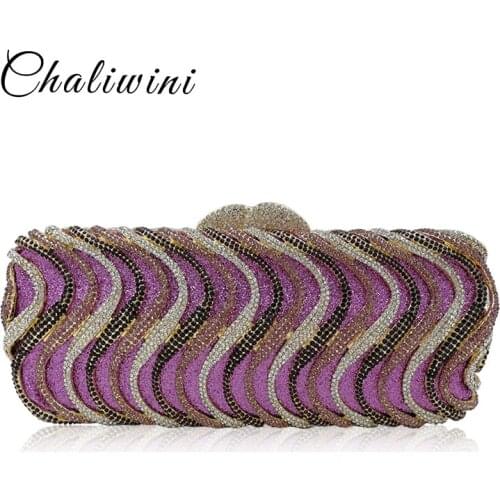 Hollow Out Stripe Diamond Crystal Luxury Lady Evening Clutch Bag Cell Phone Wallet Wedding Dress Bag Handbag Metal Clutch Bag