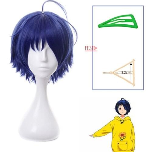 Anime Wonder Egg Priority Ai Ohto Cosplay Wig Blue Short Triangular Hair Clip Heat Resistant Synthetic Hair Men Women Cos Wig