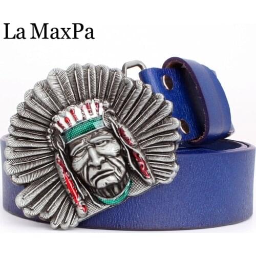 Fashion women men belt genuine leather cowhide belt big buckle silver Indian chief totem America style Decorative jeans belt