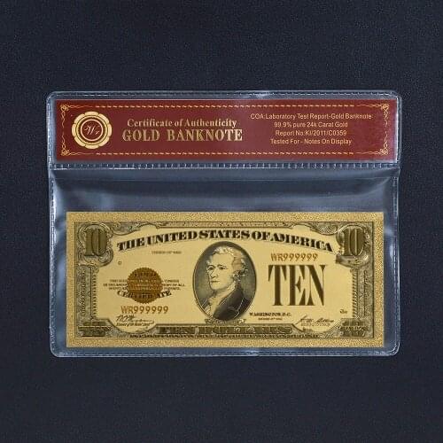 Souvenir Gifts American Bill $10 Dollar Gold Plated Paper Money 24k Gold Foil Banknote with Plastic Frame