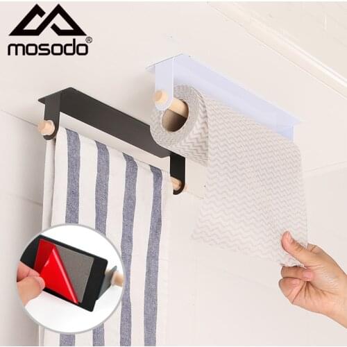 Punch Free Bathroom Towel Bar Self-adhesive Kitchen Paper Holder Storage Rack Wood Hanger Organizer Cabinet Rag Hanging Shelf