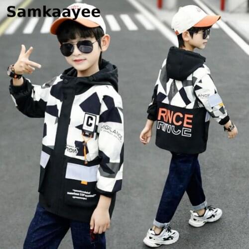 6-16y Children Jackets Kids Coats Spring Autumn Boys Hooded Windbreaker Letter Clothing Zipper Pocket Casual Patchwork Outerwear