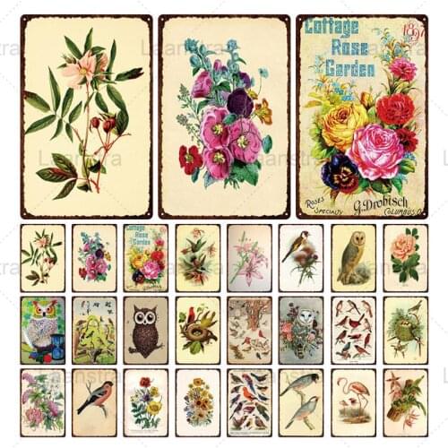 Retro Iron Sheet Animal & Flower Garden Decor Metal Tin Sign Bird Parrot Flamingo Flower Sunflower Peony Narcissus Wall ArtDecor