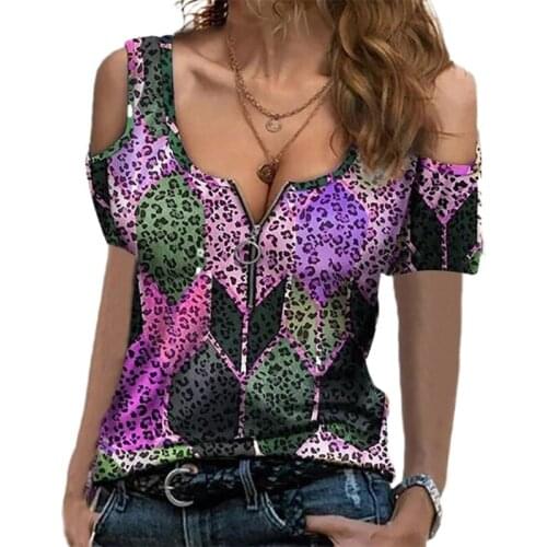 Womens Fashion Tops Short Sleeve Tees Color Block Printed Zipper Deep V-neck Strapless Casual Blouse Plus Size
