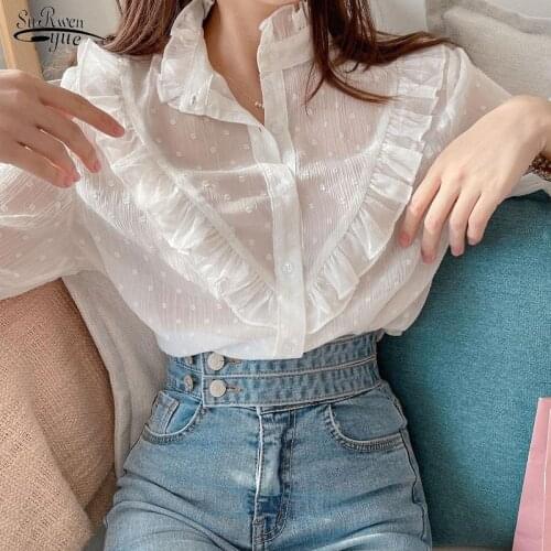 Stand Collar Wavelet Dots Micro-transparent Blouse Women Loose Clothes Korean Ruffle Stitching Long Sleeve Chiffon Shirt 15675