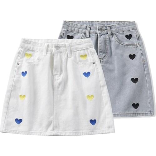Women Denim skirt Harajuku Preppy Style love embroidery y2k Mini skirts Cute Korean Style High Waist Kawaii Skirt Saia Faldas