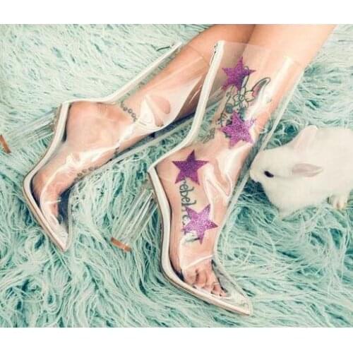 2017 Hot Women Sexy Transparent Black White Pink Star/White Star PVC Pointed Toe Zip Back Square Heel Mid-calf Short Boots Lady