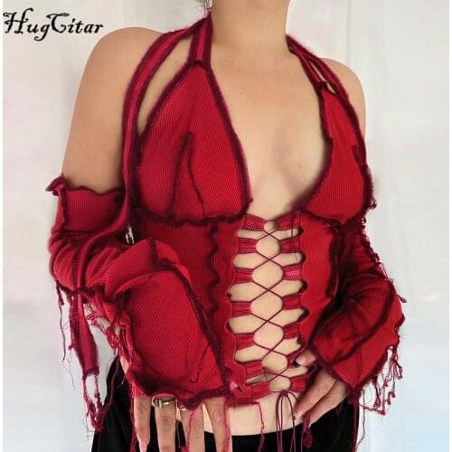 Hugcitar 2020 Patchwork Bandage Cut Out Sexy Crop Top Autumn Winter Women Fashion Streetwear Halter Y2K Tshirts Club Tees