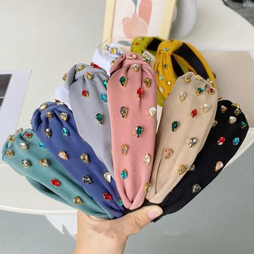 Women Headpiece Luxury Crystals Decorated Hairbands Knot Handmade Solid Headbands Wide Top Bow Knotted Hair Hoop Ladies Headwear