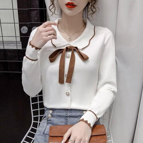 Pullover Sweater Women 2020New Autumn Winter Korean Fashion Lapel Bow Long Sleeves All-Match Solid Color Knitting Sweater Female