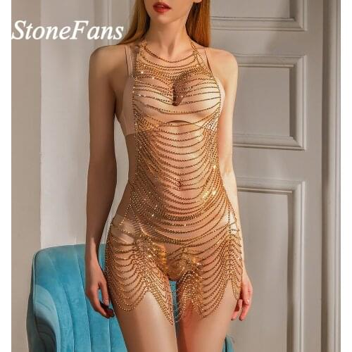 Stonefans Shining Crystal Bodysuit Dance Lingerine Jewlery for Women Sexy Mesh Rhinestone Leotard Bikini Body Chain Nightclub