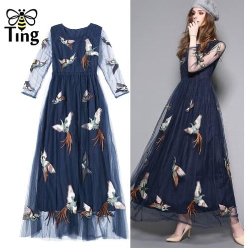 Tingfly Runway Bird Embroidery Voile Maxi Long Party Dinner Dresses Women Vintage Elegant A Line Summer Vogue Dress Haut Plus 2X