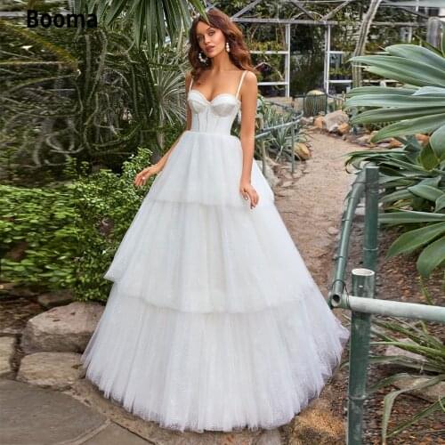 Booma Spaghetti Straps Beach Wedding Dresses White Tiered Dot Tulle Beading Bridal Gown Lace up Princess Party Dresses 2020 New