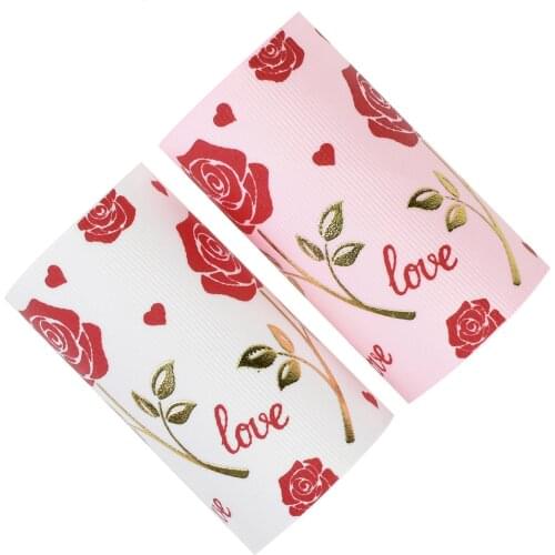 50yards 75mm Gold Foil Red ink Roses Love Hearts Grosgrain Ribbon Valentine design For DIY Accessories Welcome Custom printed