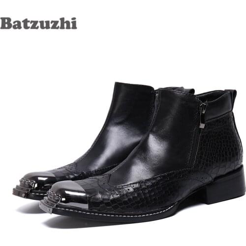 Batzuzhi zapatos de hombre Fashion Black Genuine Leather Short Boots Zip Italy Type Handmade Business Dress Boots, 38-46