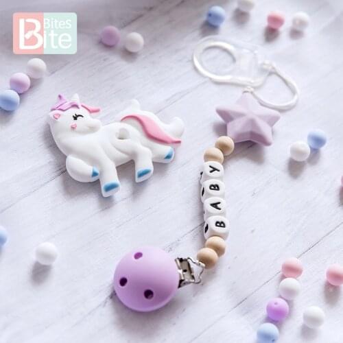 Bite Bites Baby Silicone Teether Personalized Name Animal Pacifier Clips Chain Pendant Food Grade Perle Silicone Beads Teething
