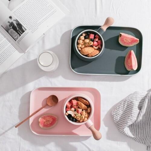 Ceramic Milk Bowl with Wood handle Porcelain Plate Tray Plate Creative Dish Desserts Plate Tableware Breakfast Set Pink Gray