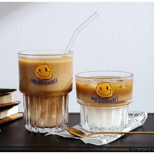 Korean ins style ice coffee cup milk tea cup glass household water cup smiley face pattern juice cup