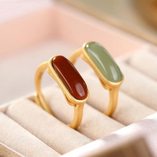 Silver inlaid natural South Red adjustable ring Chinese style retro palace style unique ancient gold craft womens brand jewelry