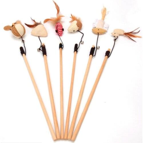 Cat Interactive Toy With Bells Elastic Rod Feather Linen Wand Cat Catcher Teaser Stick Feather Chick Fish Wood Rod Mouse Toy