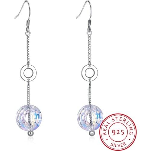 LEKANI Round Long Drop Earring Made with Crystals For Women 925 Sterling Silver Fine Jewelry Best Friend Gift