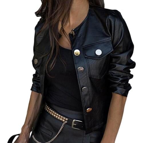 Autumn Women Jacket Faux Leather Solid Color Slim Buttons Closure O-Neck Punk Style Motorcycle Short Jacket Windproof Outerwear