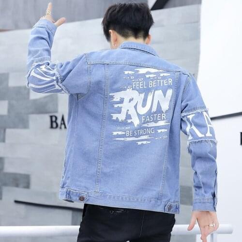 Men Boys Blue Denim Jacket Short Coat Holes Letters Printed Long Sleeve Casual Jackets Size M-3XL B41