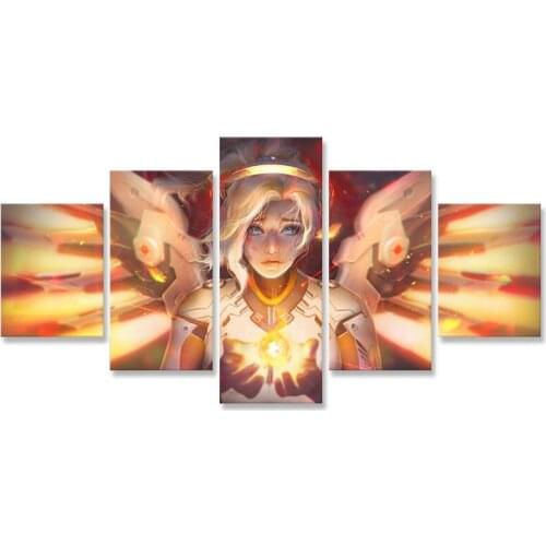 Overwatchs Mercy Blue Eyes Wings Canvas Painting 5 Pieces Posters and Prints Art Print Wall Painting Living Room