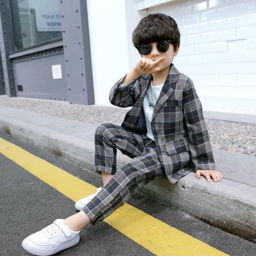 Formal Boys Suits for Weddings Blazers Pants Children Party Clothes Plaid Kids School Costume Gentlemen Teenager 2 PCS/Sets
