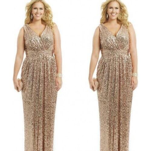 Sexy Plus Size Dresses Rose Gold Sequin Sheath V-Neck Floor Length Evening Gowns Formal Mother of the Bride Prom Dress Custom