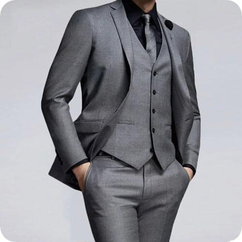 Custom Grey Men Suits for Wedding Suits Peaked Lapel Slim Fit 3Piece Jacket Pant Vest Groom Tuxedo Terno Masculino