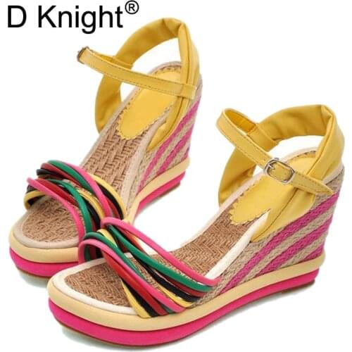 Gladiator Sandals Women 2018 Summer Boho Color Block Women Wedges Sandal Straw Braid Platform Espadrilles High Heel Women Sandal