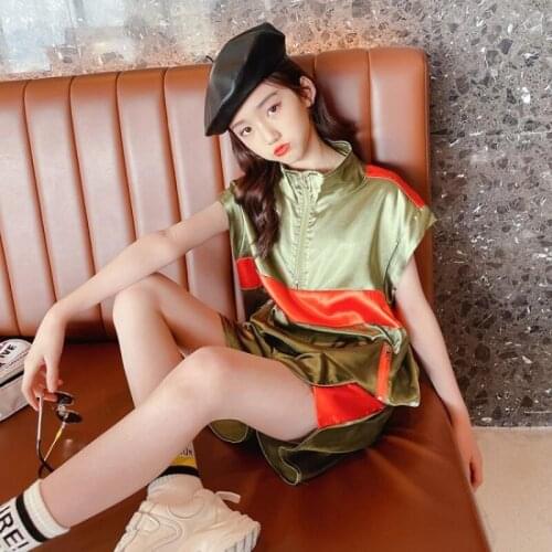 Girls' Sports Suit Summer New Foreign Style Wild Loose Lapel Color Matching T-shirt Wide-leg Shorts 2-piece Set Girl Clothes